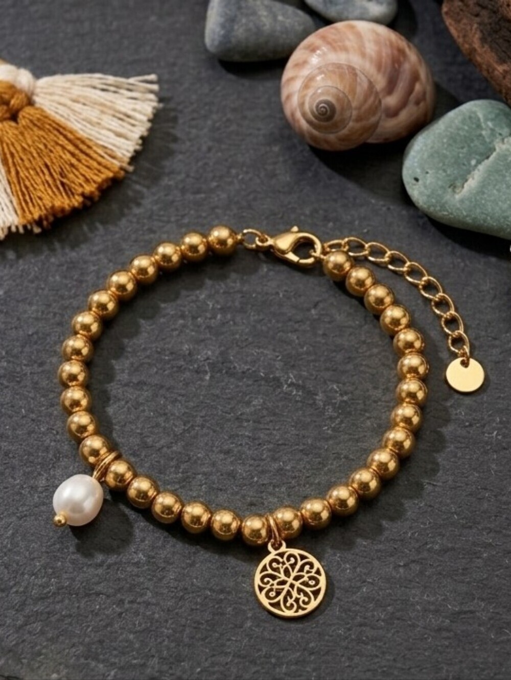 18K Gold Plated Steel Beaded Bracelet Mandala Freshwater Pearl Charm Clean Girl
